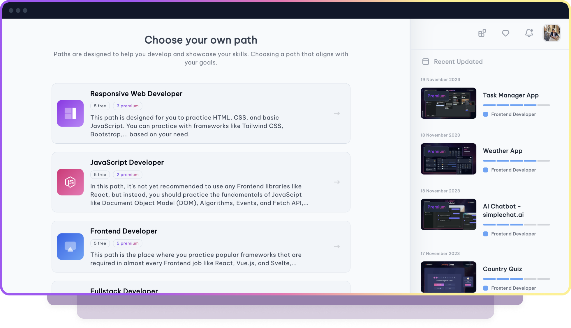 Choose your path screen on a coding platform, showcasing various learning paths for becoming a frontend developer. Options include Responsive Web Developer, JavaScript Developer, Frontend Developer, and Fullstack Developer. Recent updates show projects like Task Manager App, Weather App, and AI Chatbot, ideal for those wanting to learn frontend coding.