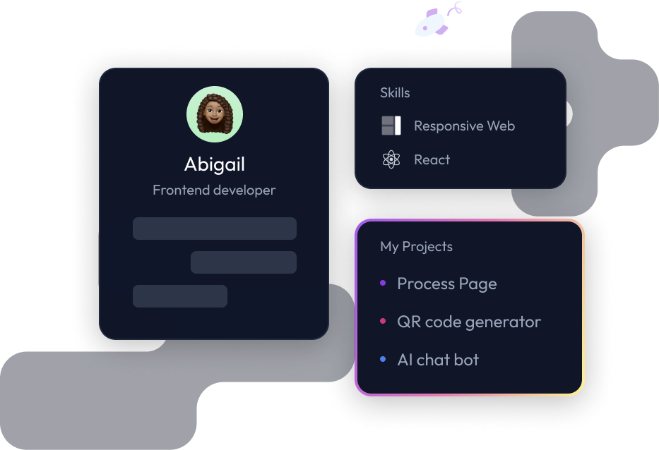 Showcase your development skills with personalized profiles. Highlight your expertise in Responsive Web Design and React, and share your completed projects like Process Page, QR Code Generator, and AI Chat Bot. Join a community where your work speaks for itself.